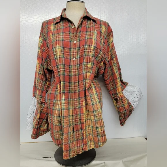 Fleetwood Mac Rock Band Flannel Shirt Jacket Shacket With Bell Sleeves Upcycled - Picture 4 of 11